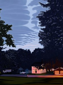 Straße und Häuser mit großen Bäumen in Hamilton, New York bei Dämmerung von Evan Sklar