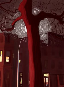 Straße und Baum bei Nacht beleuchtet von Sirenen und Straßenlaterne von Evan Sklar