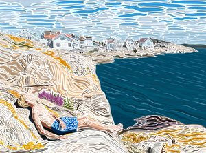 Junger Mann am Meer im Sommer auf Felsen sonnend von Evan Sklar