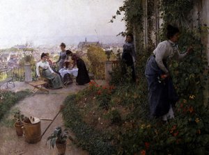 Ein Sommernachmittag in Lüttich, Belgien. Frauen auf einer Terrasse trinken Tee. Eine von ihnen pflückt Blumen. Gemälde von Evariste Carpentier
