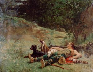 Die Rast eines Jägers mit Hunden, ca. 1842-1896 von Evariste Vital Luminais