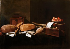 Stillleben Pfirsiche und Musikinstrumente von Evaristo Baschenis