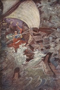 Yoshitsune und Benkei werden von einer geisterhaften Gesellschaft des Taira-Clans angegriffen, Illustration aus 