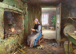 Frau strickt am Kamin