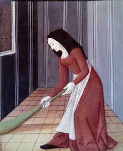 Französische Gesellschaft im Mittelalter: Eine Magd fegt von Everard de Espinques