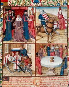 König Artus hält Hof, Lancelot wird von einer Dame zur Abtei geführt, Galahad und die Ritter der Tafelrunde um den Heiligen Gral