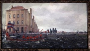 Sankt Petersburg zu Beginn des 18. Jahrhunderts. Das Gebäude der Zwölf Kollegien. Beschreibung eines Kais der Newa, vor der Universität, wo Männer auf die Ankunft eines Bootes warten. von Evgeni Evgenievitch Lanceray