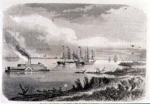 Ein Dampfer und ein Schlepper auf dem Mississippi, graviert von Stephane Pannemaker (1847-1930) von Evremond de (after) Berard