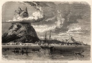 Reede und Spitze der Insel Borabora, Zeichnung von Evremond Auguste de Berard (1824-1881), zur Illustration der Reise eines Naturforschers im Galapagos-Archipel und den Koralleninseln, 1858 von Charles Darwin (1809-1882). Gravur in „Le tour du monde“