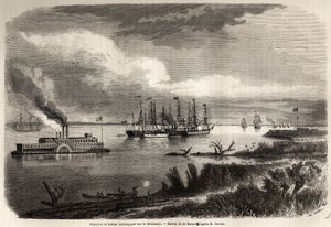 Schiff und Schlepper auf dem Mississippi, Zeichnung von Evremond Auguste de Berard (1824-1881), Illustration der Reise nach New Orleans 1855 von Elysee (Elisee) Reclus (1830-1905). Gravur in „Le tour du monde, nouveau journal des voyages“, Paris von Evremond de (after) Berard