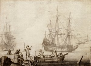 Männer in einem Boot in der Nähe von zwei niederländischen Schiffen von Experiens Sillemans