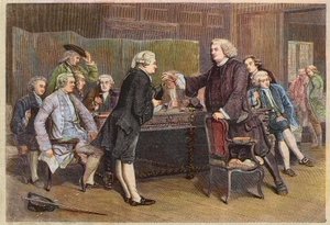 Boswells Einführung in den Literarischen Club - Doktor Johnson empfängt Boswell in der Bibliothek - Gravur nach einem Gemälde von Eyre Crowe