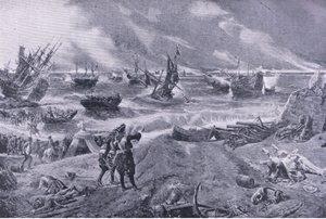 Jakob II. in der Schlacht von La Hogue, 23. Mai 1692, Illustration aus Britische Schlachten zu Land und zu Wasser, 1915 von Eyre Crowe