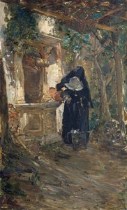 Nonne am Brunnen, von Ezechiele Acerbi (1850-1920), Öl auf Leinwand, 92,5x57,5 cm von Ezechiele Acerbi