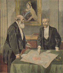 Anglo-Französisches Abkommen in London unterzeichnet von Paul Cambon, dem französischen Botschafter, und Lord Salisbury, dem britischen Premierminister, aus Le Petit Journal, 9. April 1899