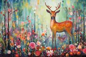 Ein Hirsch in der Natur und Blumen, leuchtende Farben, gerahmte Wandkunst