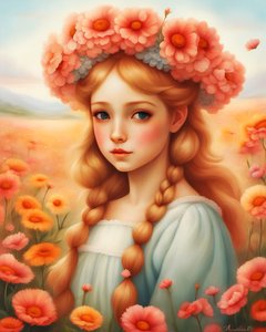 Ein Mädchen mit Blumen in einer schönen Landschaft