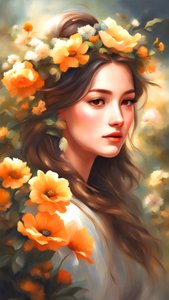 Eine Frau mit Blumen in einer schönen Landschaft