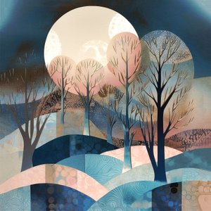 Abstraktes Mondschein-Gemälde, großer Mond, blau rosa creme, Wandkunst-Druck von F. Abderrahim
