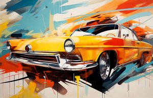 Abstraktes altes amerikanisches Auto, Gemälde der 70er & 60er Jahre, Wandkunstdruck
