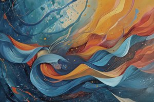 Abstraktes Gemälde in Wellen von Blau, Orange und Gelb von F. Abderrahim