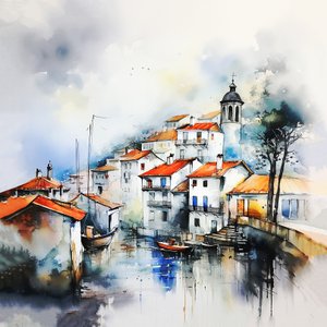 Abstrakte Aquarelllandschaft, Dorf- & Straßenmalerei, Flur- & Wohnzimmerdekoration von F. Abderrahim