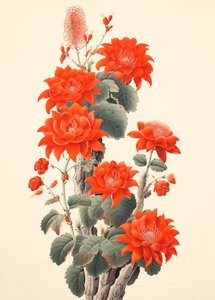 Abstrakter Kaktus mit Blumen, japanischer Holzschnitt, gerahmte Wandkunst von F. Abderrahim