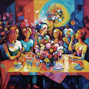 Abstrakte Illustration, glückliches Familienessen, Vollfarbig, Wandkunst-Druck von F. Abderrahim