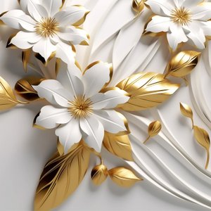 Abstrakte Blätter und weiße Blumen, goldene Textur von F. Abderrahim
