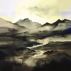 Abstrakte Aquarelllandschaft dunkelviolett & blau von F. Abderrahim