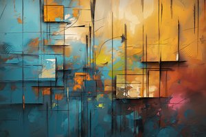 Acrylgemälde auf Leinwand in Blau, Orange und Gelb von F. Abderrahim