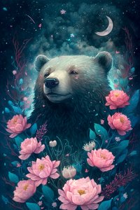 Bär in einer Fantasietraumlandschaft, umgeben von Blumen von F. Abderrahim