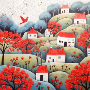 Schöne Häuser in einer roten und violetten Landschaft, ein surrealistisches Gemälde, Leinwanddrucke von F. Abderrahim
