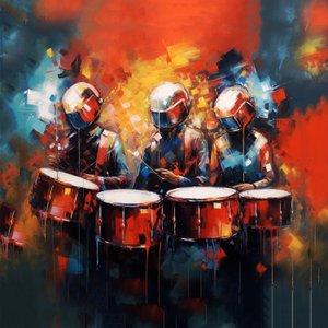 Gruppe von Musikern Schlagzeuger spielen Schlagzeug, Rockmusik, druckbare digitale Kunst