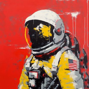 Minimalistisches dicke Striche Gemälde Ein Astronaut im Weltraum, Wandkunst | Leinwanddrucke von F. Abderrahim