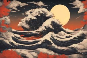 Raues Meer in einer Landschaftsmalerei im asiatischen Stil von F. Abderrahim