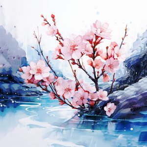 Surreales Aquarellgemälde japanischer Kirschblüten von F. Abderrahim