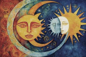 Die Sonne und Mond Gesichter, abstraktes Gemälde von F. Abderrahim