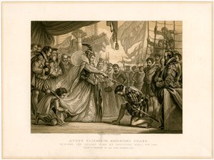 Königin Elisabeth schlägt Drake an Bord der Golden Hind zum Ritter