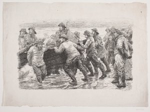Fischer beim Einsetzen eines Bootes ins Wasser von F. Hendriksen