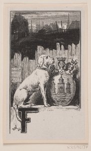 Initialvignette."F" mit einem Hund und dem Wappen von Kopenhagen von F. Hendriksen