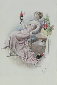 Postkarte mit einer Frau und Champagnerflaschen in Form von Männern, ca. 1900 von F. Kuderna