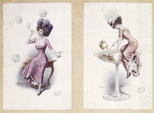 Postkarten, die eine Frau zeigen, die Seifenblasen bläst und in einem Champagnerglas fischt, ca. 1900 von F. Kuderna
