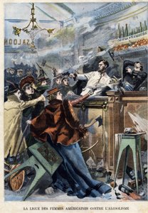Amerikanische Frauenliga gegen Alkoholismus. In einem US-Saloon schießen Frauen mit Waffen auf Barkeeper
