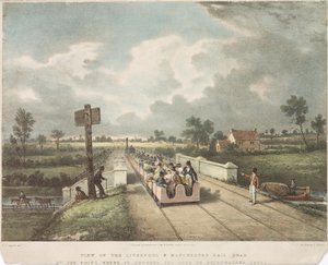 Ansicht der Liverpool & Manchester Eisenbahn an der Stelle, wo sie den Duke of Bridgewaters Kanal kreuzt, graviert von A.B. Clayton, 1831 von F. after Nicholson