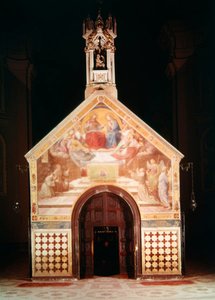 Außenansicht der Porziuncola-Kapelle mit einem Fresko, das zeigt, wie St. Franziskus den Ablass von Assisi erhält (von Friedrich Overbeck), 1829; Innenansicht von Santa Maria degli Angeli (rekonstruiert von Luigi) von F and Poletti Overbeck