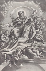 Die Heilige Dreifaltigkeit mit dem toten Christus in der Mitte, umgeben von Engeln, Gott dem Vater