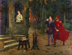 Das Treffen mit Marguerite. Mephisto (Mephistopheles). Illustration der Oper „Faust“ von Charles Gounod (1818 - 1893). Chromolithographie von F. Cipolla