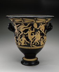 Weißfiguriger Glockenkrater mit tanzenden Satyrn, 400-351 v. Chr.