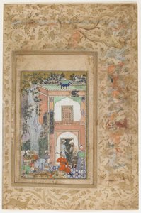 Babur unterhält sich im Palast von Sultan Ibrahim Lodi, abgelöstes Blatt aus einer verstreuten Kopie des Baburnama (Tuzuk-i Baburi) von Zahir-al-Din Muhammad Babur, ca. 1585